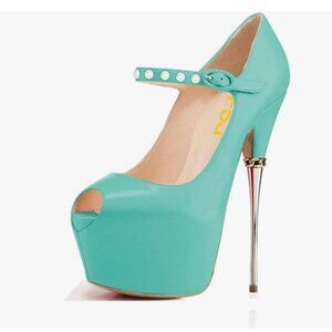 FSJ Turquoise Peep Toe Sky Metal Heels Platform Ankle Straps Marry Jane Pumps